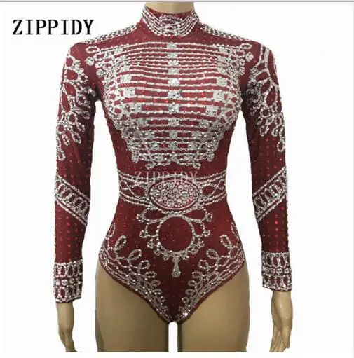 

Fashion Sexy Glisten Red black Crystals Bodysuit Women's Outfit Dance Stage Show Nightclub Costume Singer nice Leotard Wear