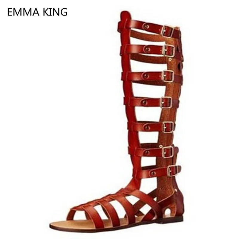 Punk Style Sexy Women Knee High Flat Sandals Open Toe Buckle Strap Ladies Casual Gladiator Shoes Woman Summer Roman Sandals Boot