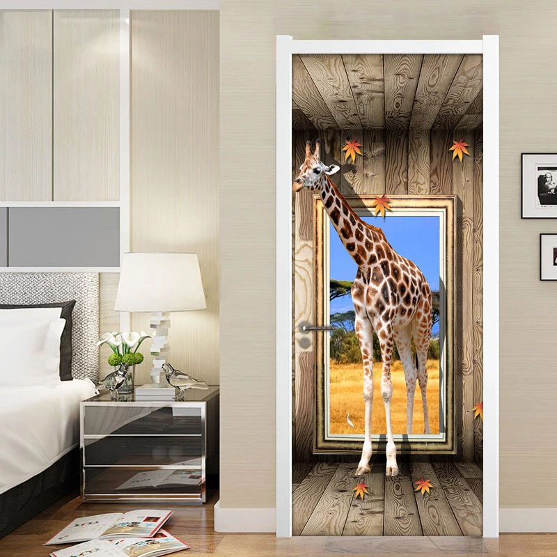 Door Stickers 3D Giraffe Animal Poster Living Room Bedroom Door Sticker Waterproof Art Wall Decals Wall Sticker Mural Wallpaper