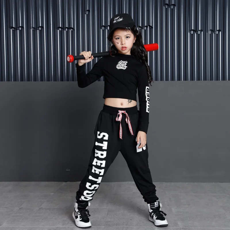 Meisjes Hip Hop Kleding Zwart Wit Dansen Sweatshirt Top Kids Ballroom Custumes Street Wear Prestaties Toont Dance Pakken