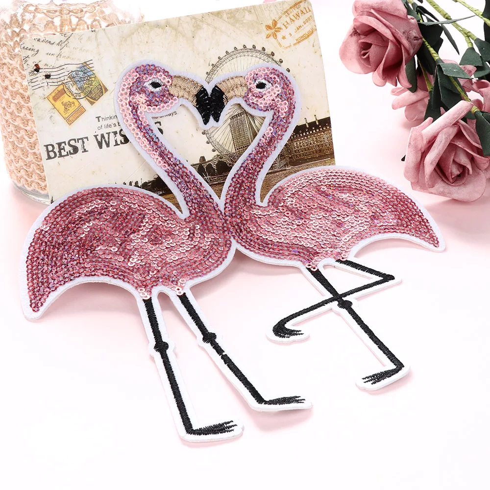 Flamingo Sequin Patch Applique Embroidery  For Clothes Sweater T-shirt Sew-On Iron-On Sticker DIY Clothes Decoration