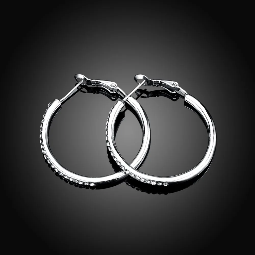 New Silver Color Rhinestone Circle Earrings for Women Classic 35mm Hoop Earrings Fashion Wedding  Jewelry Accessories Brincos