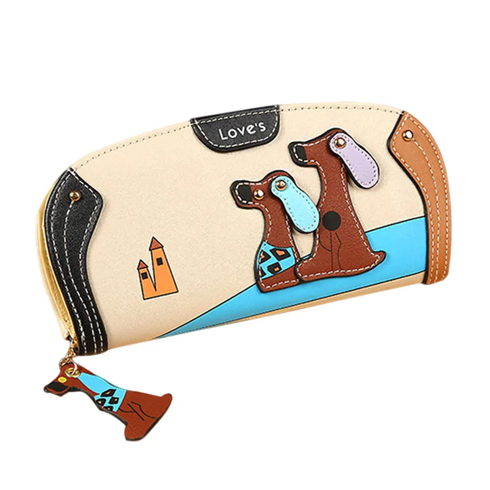 

2018 Long Purse Women PU Leather Money Clip Wallet Cartoon Dog for Coins Zipper Money Holder Lady Clutch Money Bag Porte Monnaie