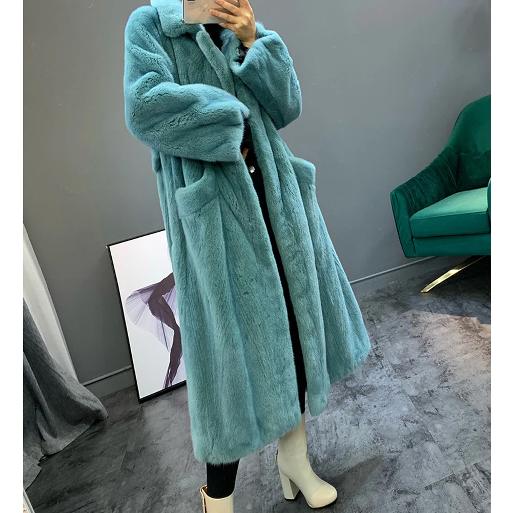 2019 das Mulheres New Real Mink Casaco De Pele das Mulheres de Inverno Longo Casaco Quente das Mulheres Pequeno Colar de Abertura de cama Azul casaco de Pele De vison