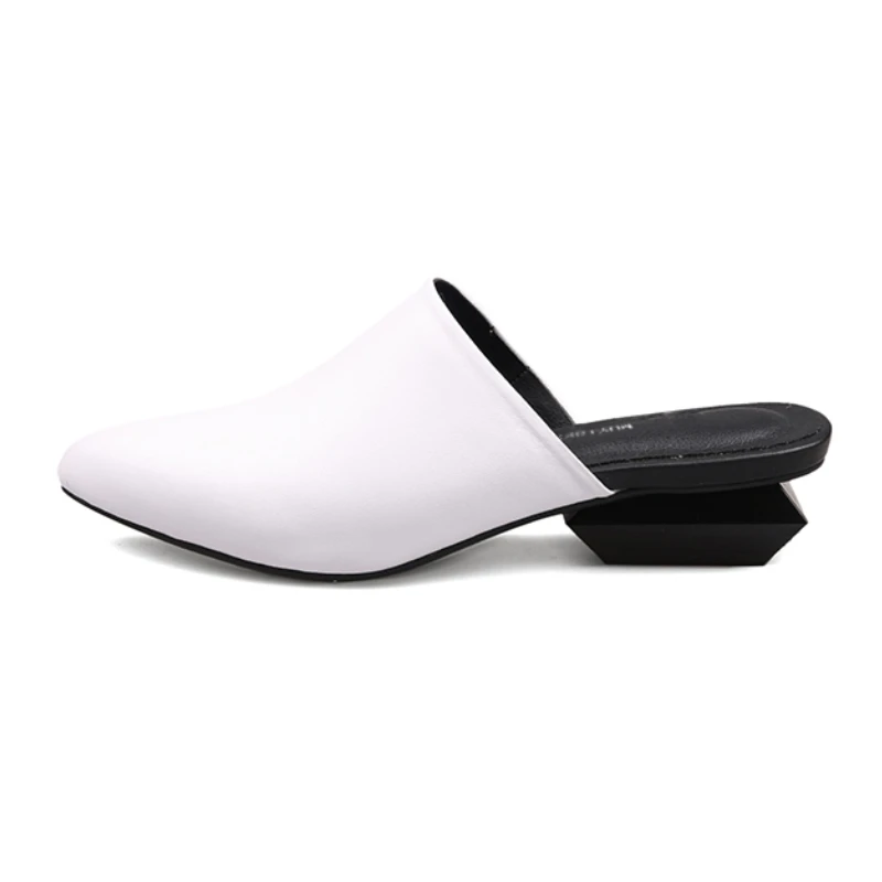 Mules Women Slippers Genuine Leather Pointed Toe 3cm Strange Heel Spring Autumn High Heels Shoes Gray Black White HL033 MUYISEXI