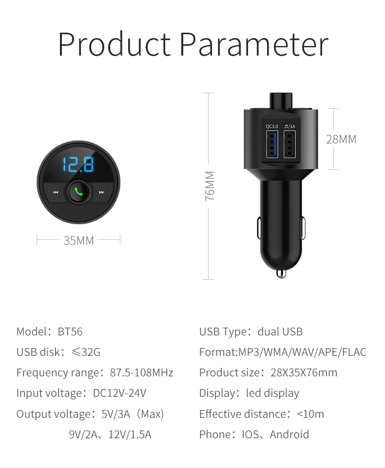 Qc 3.0In-Car Bluetooth Hands Free MP3 Player/Phone to Radio FM Transmitter BT56