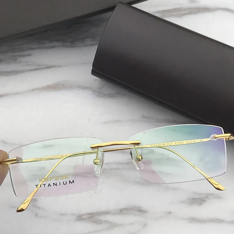 Cubojue 23k Gold Eyeglasses Frame Male Anti Blue Light Reading Glasses Men 0 +100 150 200 250 300 350 400 Rimless Spectacles