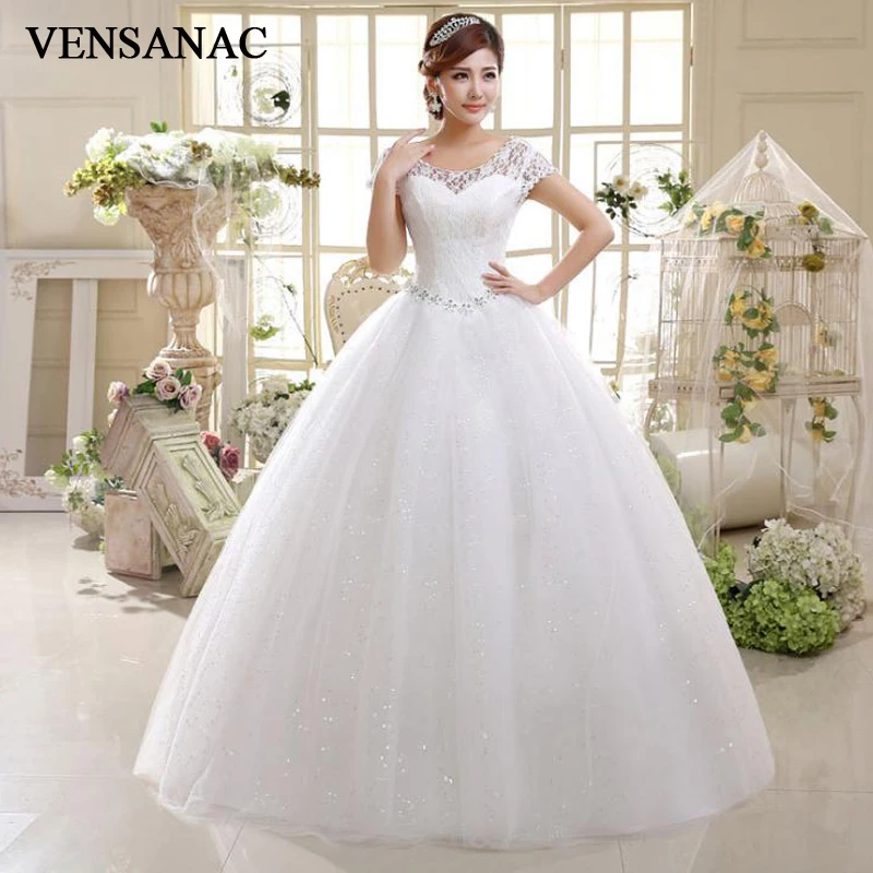 VENSANAC 2018 Crystal O Neck Ball Gown Sequined Wedding Dresses Lace Embroidery Short Cap Sleeve Backless Bridal Dress