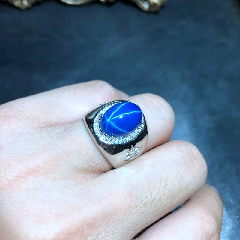 classic shiny blue Star Sapphire ring for men silver ring  mascular strong power men ring  fine jewelry 925 sterling silver gift