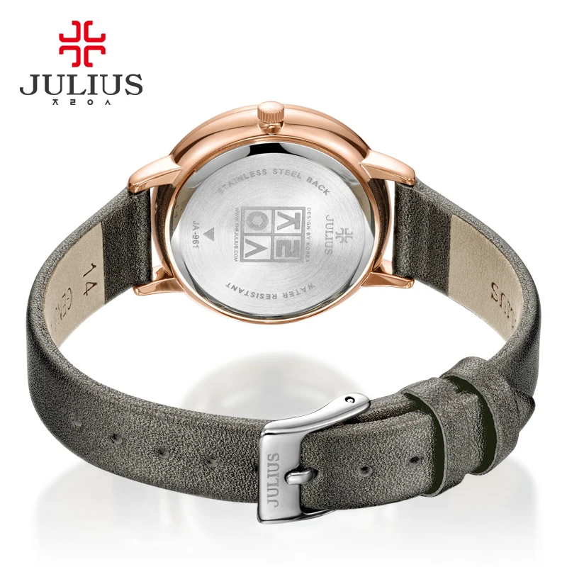 Julius Watch Women Thin Leather Wristwatch Shell dial Clock Gray RoseGold 30M Waterproof Japan Quartz Movt Stainless back JA-961