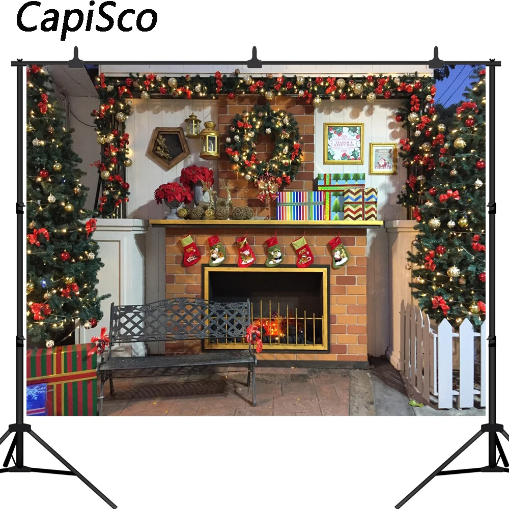 Capisco Christmas Tree Fireplace bench Gift Stocking Photography Backgrounds Customized Photographic Backdrops For Photo Studio