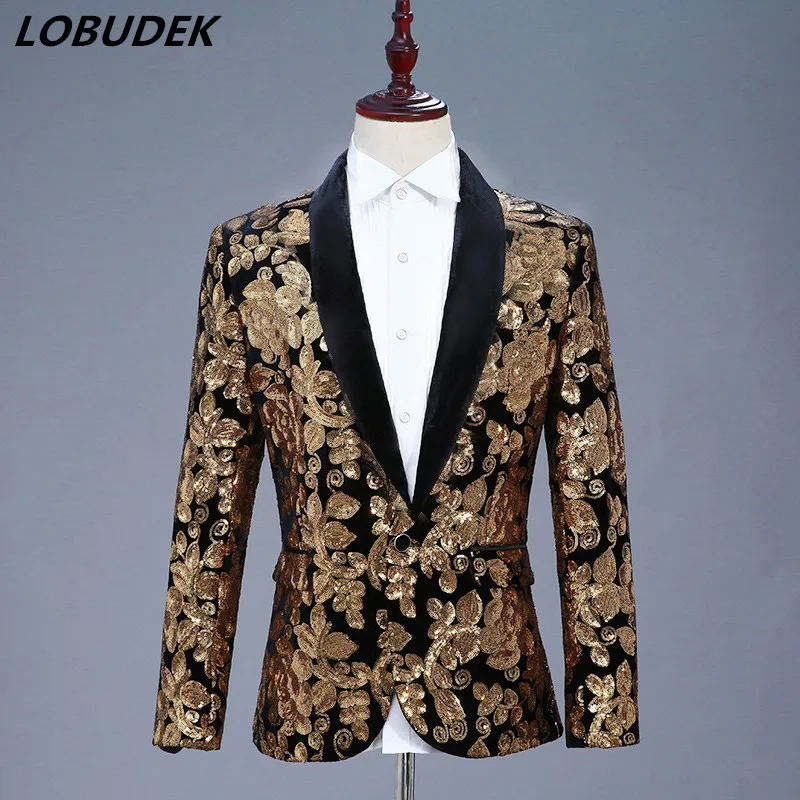 

Gold Sequins Fashion Blazer Coat 4 Colors Formal Jacket Nightclub Men DJ Singer Stage Wear Prom Host Wedding Performance Costume