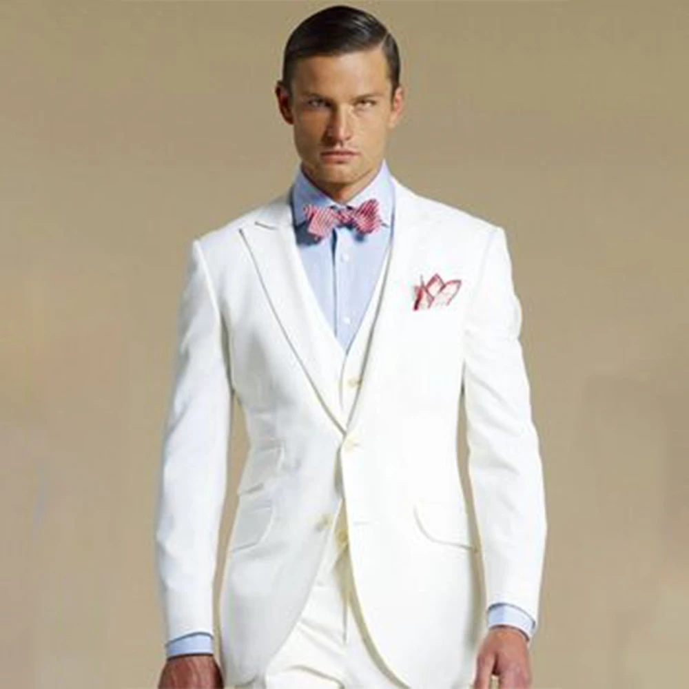 

Ivory Wedding Suits For Men, Bespoke Peak Lapel Ticket Pocket Ivory Suits with Ivory Vest, Tailor Made Groom Wear Ivory