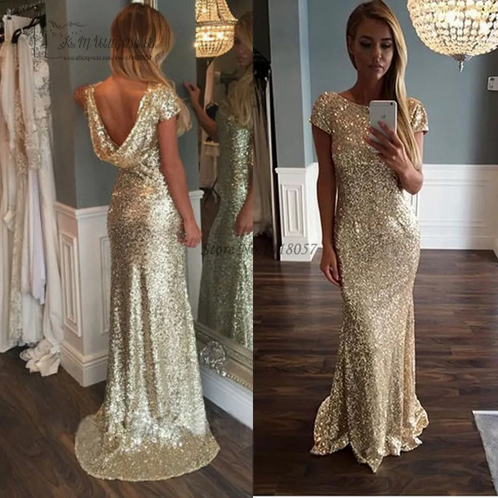 Cheap Gold Sequin Evening Gowns Backless African Mermaid Prom Dresses Formal Women Gowns Cap Sleeve Abendkleider Robe de Soiree