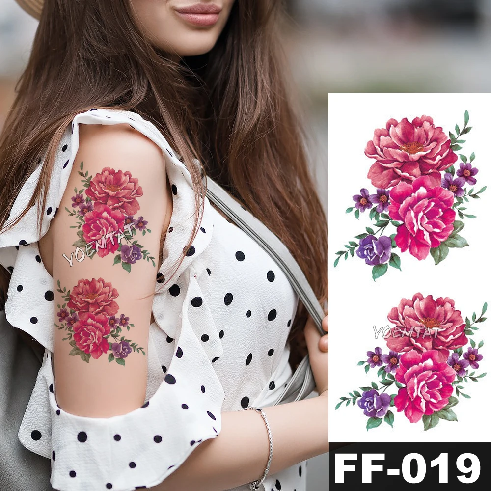 Purple Watercolor Rose Lily Flower Waterproof Tattoo Stickers Women Body Chest Art Temporary Tatto Girl Waist 3D Flowers Tatoo