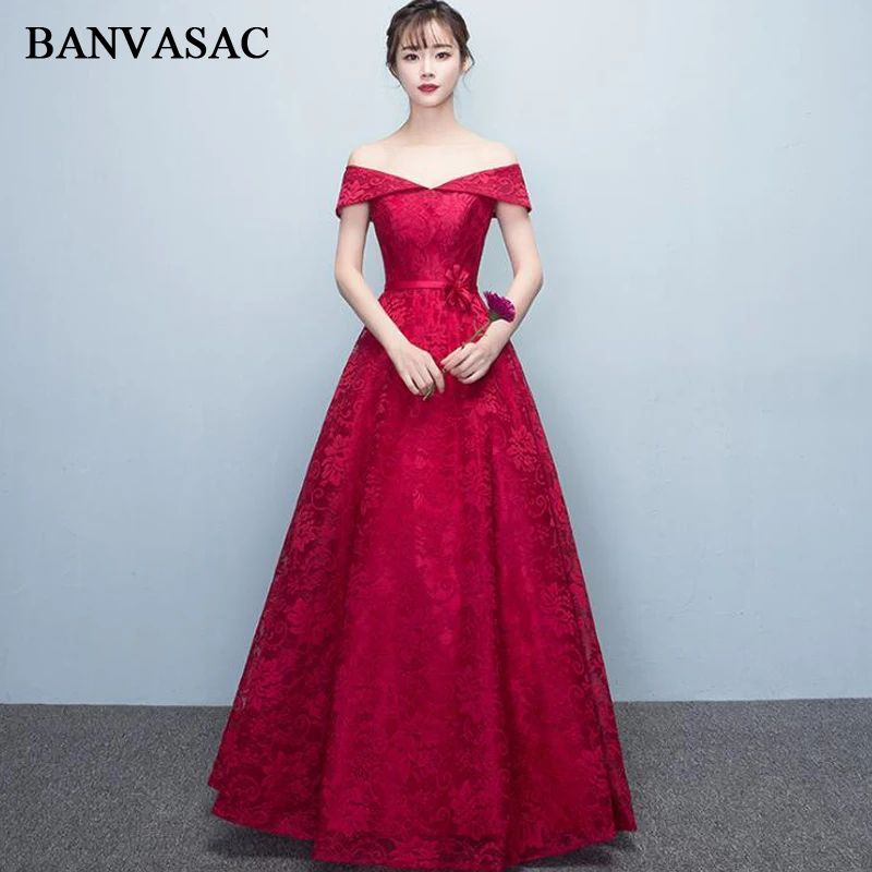 BANVASAC V Neck Crystal Flower Sash A Line Long Evening Dresses Party Lace Embroidery Backless Prom Gowns