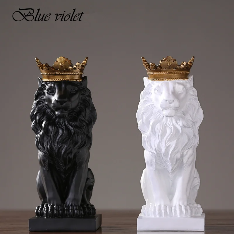 4 Color Creative Golden Crown Lion Statue Modern Resin Black/White Animal Figurine Home Decoration Desktop Crafts Sculpture