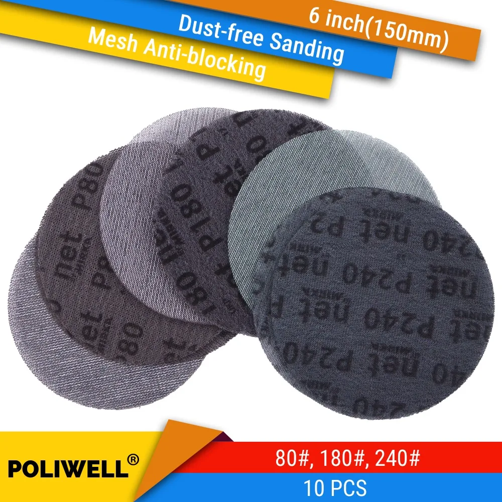 10PCS 6 Inch(150mm) Mesh Dust-free Anti-blocking Hook&Loop Sanding Discs Abrasive Sandpaper for Metal Polishing, 80#/180#/240#