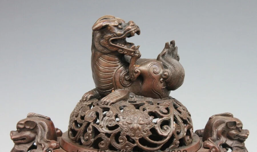 Tibet Pure Bronze Copper Two Dragon Kirin Foo Dog Lion Incense Burner Censer