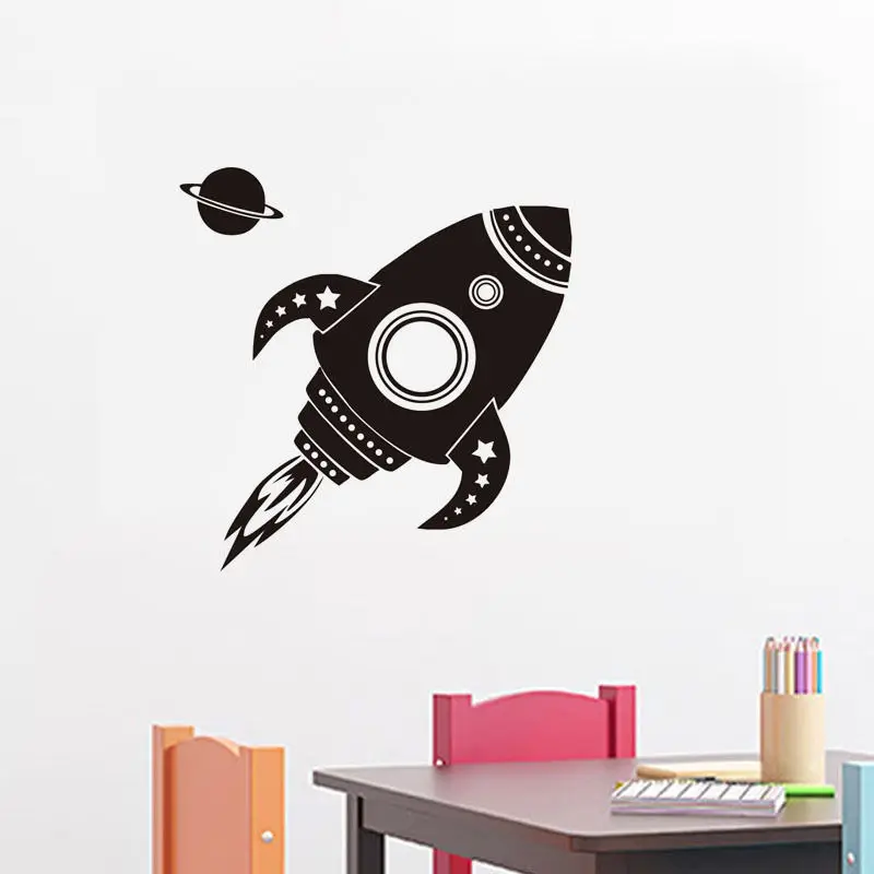 Cartoon Rocketship Vinyl Wall Stickers Removable Decor Boys Kids Room Sofa Background Decal Home Design Wallpaper Mural SA413