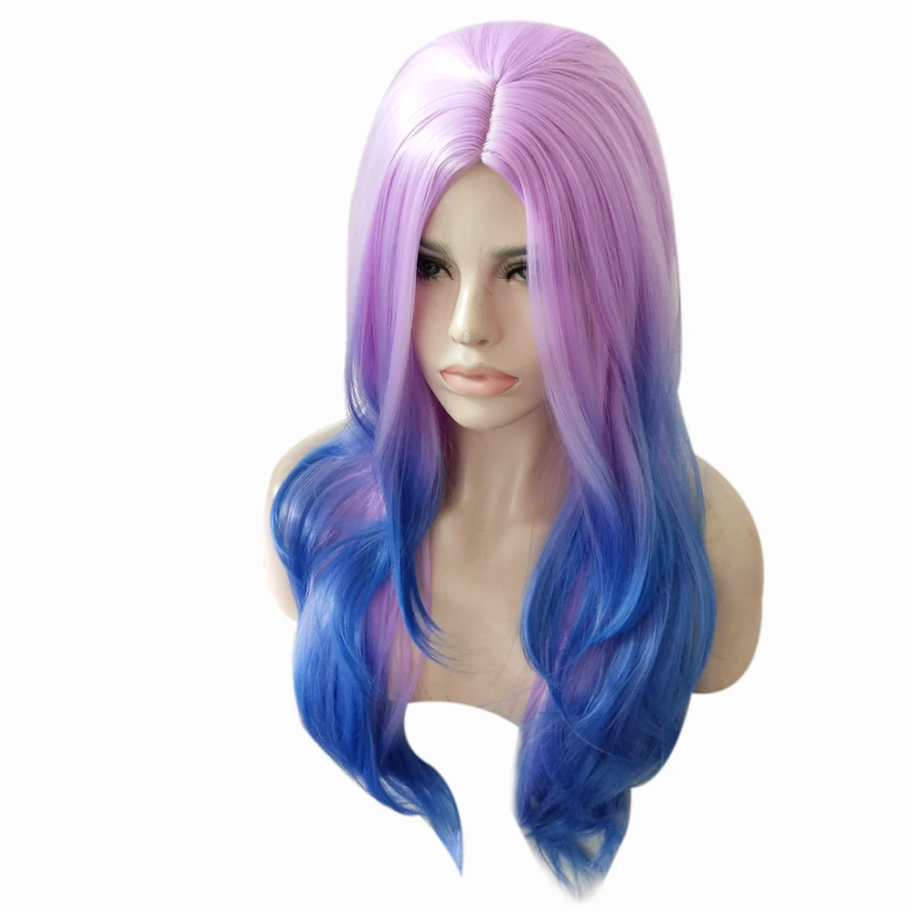 65cm Middle Part Long Wavy Purple Blue Ombre Wig Cosplay Costume Synthetic Hair Halloween Costume Party Wigs For Women + Wig Cap