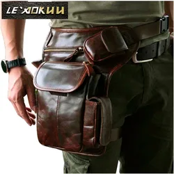 Real Leather Men Multifunction Fashion Casual Messenger One Shoulder Crossbody Bag Design Waist Belt Pack Drop Leg Bag 3106