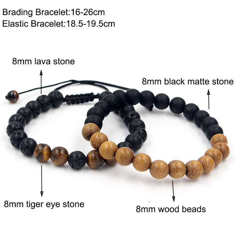 Natural 2Pcs/Sets Lava,Tiger Eye,Wood,Stone Beads Couple Bracelet For Women Men Lovers Braiding Bracelet Sets Jewelry Pulsera