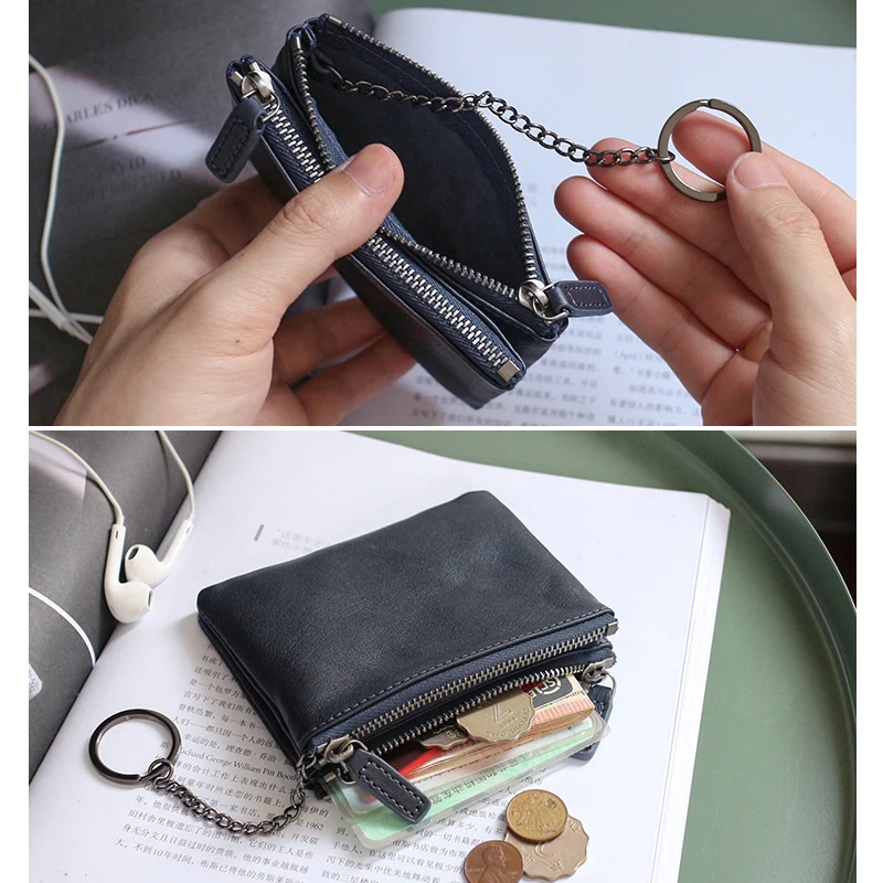 Double Zipper Coin Purses Women First Layer Leather Luxury Men Vintage Credit Card Wallets Retro Key Bag Money Pouch