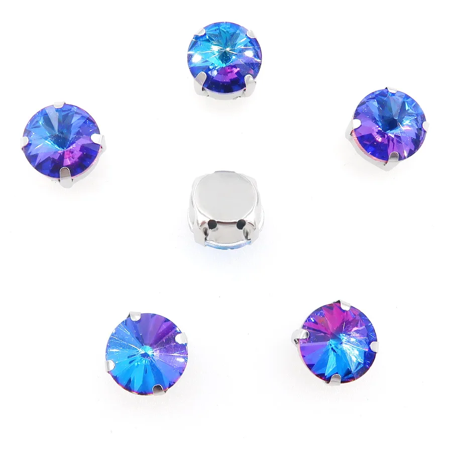 Rivoli runde silberne Krallenfassungen mit Glaskristallen in Regenbogenfarben, 8 mm, 10 mm, zum Aufnähen von Strasskristallen, Applikationen für Kleidung, DIY – Detail 4