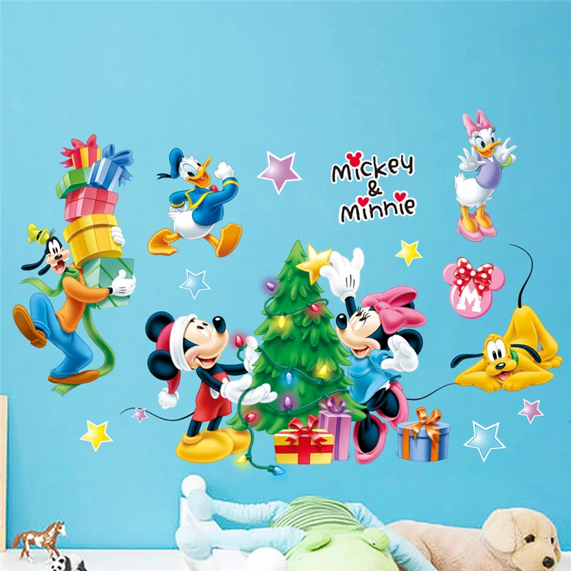 Cartoon Mickey Minnie Wall Stickers For Kids Rooms Christmas Decor Gift Children Bedroom Living Room Wall Decal Art Poster Mural