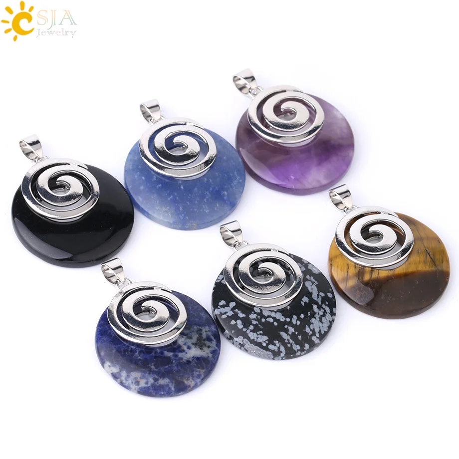 CSJA Natural Stone Crystal Pendants for Necklaces Hollow Round Spiral Amethyst Pink Quartz Sodalite Tiger Eye Aventurine F863