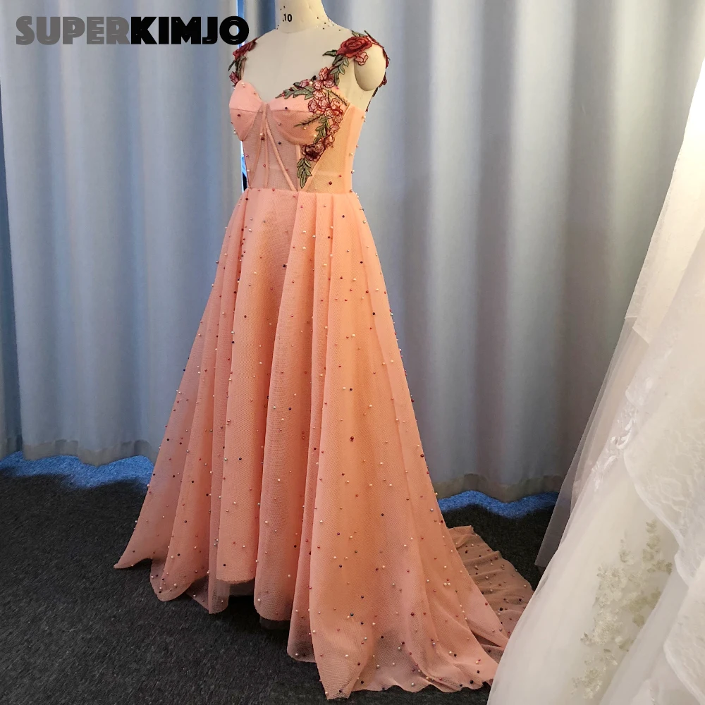 Real prom dresses 2020 sweetheart hals borduren avondjurken riem kralen parels sexy avondjurken coral formele jurk