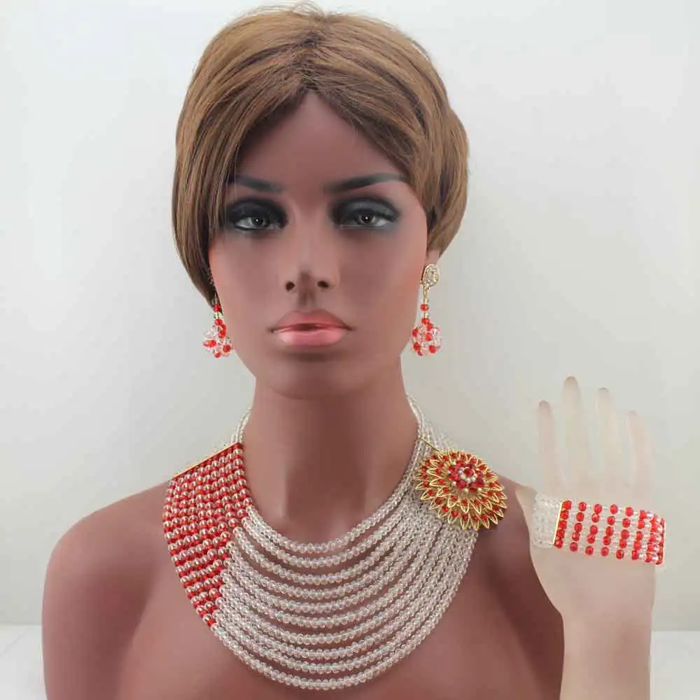 

Fashion White/Red Nigerian Crystal Beads Necklace Bracelet Earrings Sets African Wedding Beads African Beads Jewelry Sets W13656