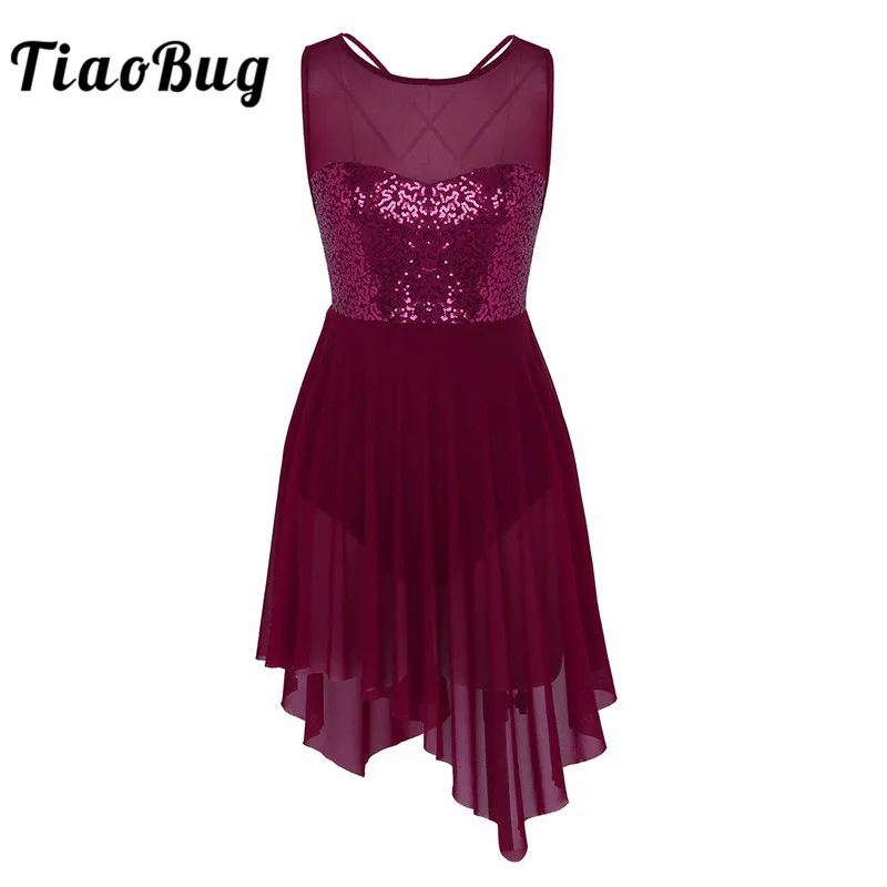 TiaoBug Neue Frauen Ärmellose Pailletten Asymmetrische Mesh Ballett Tanz Trikot Kleid Erwachsene Gymnastik Trikot Ballerina Tanz Body