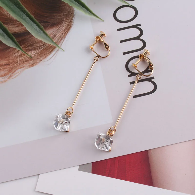 JIOFREE Fashion bride 3 color Long crystal Clip Earrings Without Piercing for Women Elegant Vintage Style Clip On Earrings