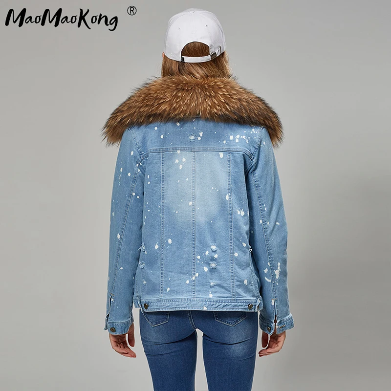 Maomaokong2023-Chaqueta vaquera con Cuello de piel de mapache Natural para mujer, forro de piel de conejo Real, abrigos cálidos con agujeros para