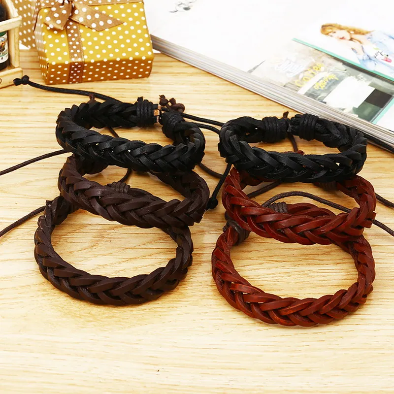 SHAOJIA Vintage Bracelet Handmade Woven Elegant Brown Leather Bracelets & Bangles For Women Men Jewelry Fashion Accessory