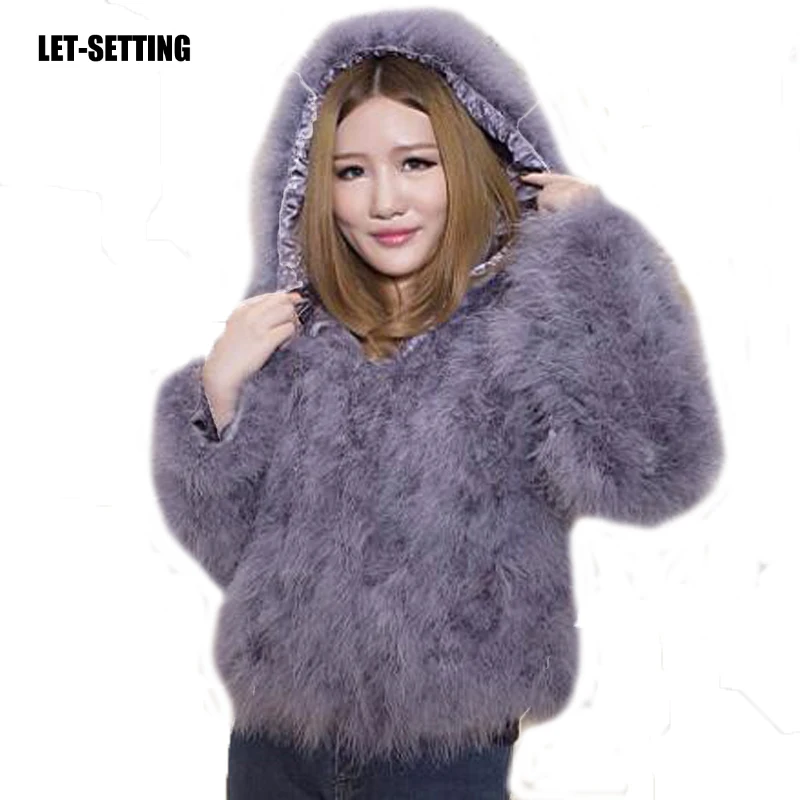 LET-SETTING new winter stitching fur jacket feathers turkey feather fur coat casual hooded long-sleeved jacket