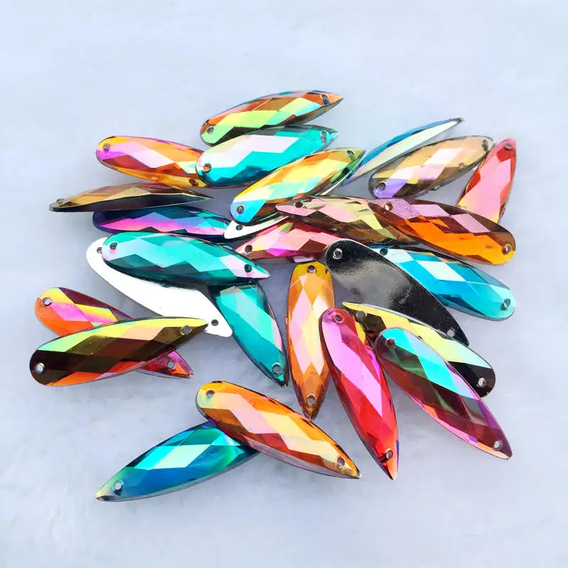 DIY 8*28mm AB Colorful Drop Pear stone crystals Flatback Acrylic Rhinestone trim sewing 2 Hole costume Button 25Pcs -S51A