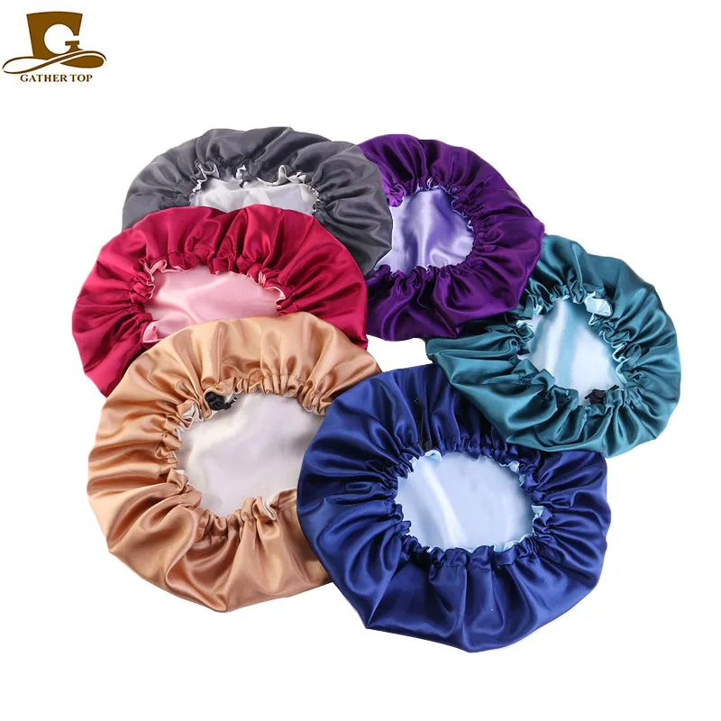 New Reversible Satin Bonnet double layer adjustable size Sleep Night Cap Head Cover Bonnet Hat for For Curly Springy Hair Black