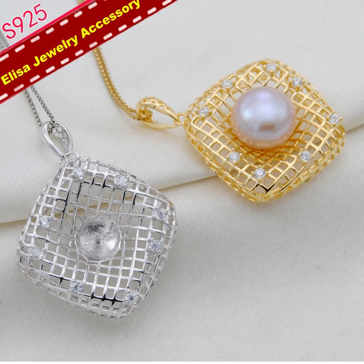 Square Design Big Pearl Pendant Settings S925 Sterling Silver Pendant Fittings Necklace Pendant Holder 3Pieces/Lot