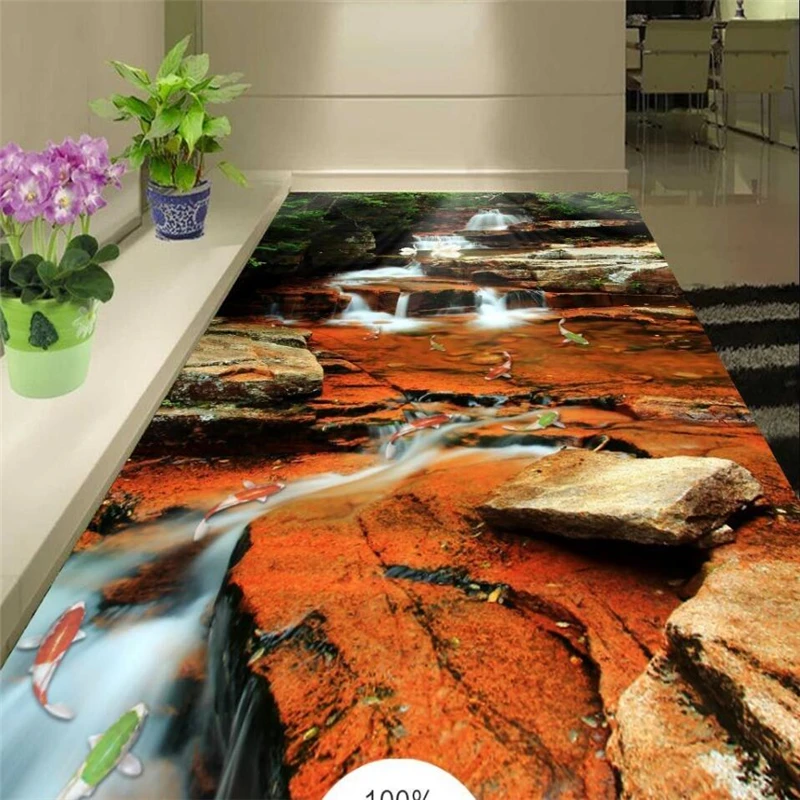 wellyu Customized large mural pvc waterfall carp jumping gantry background waterproof thickened wear-resistant floor stickers