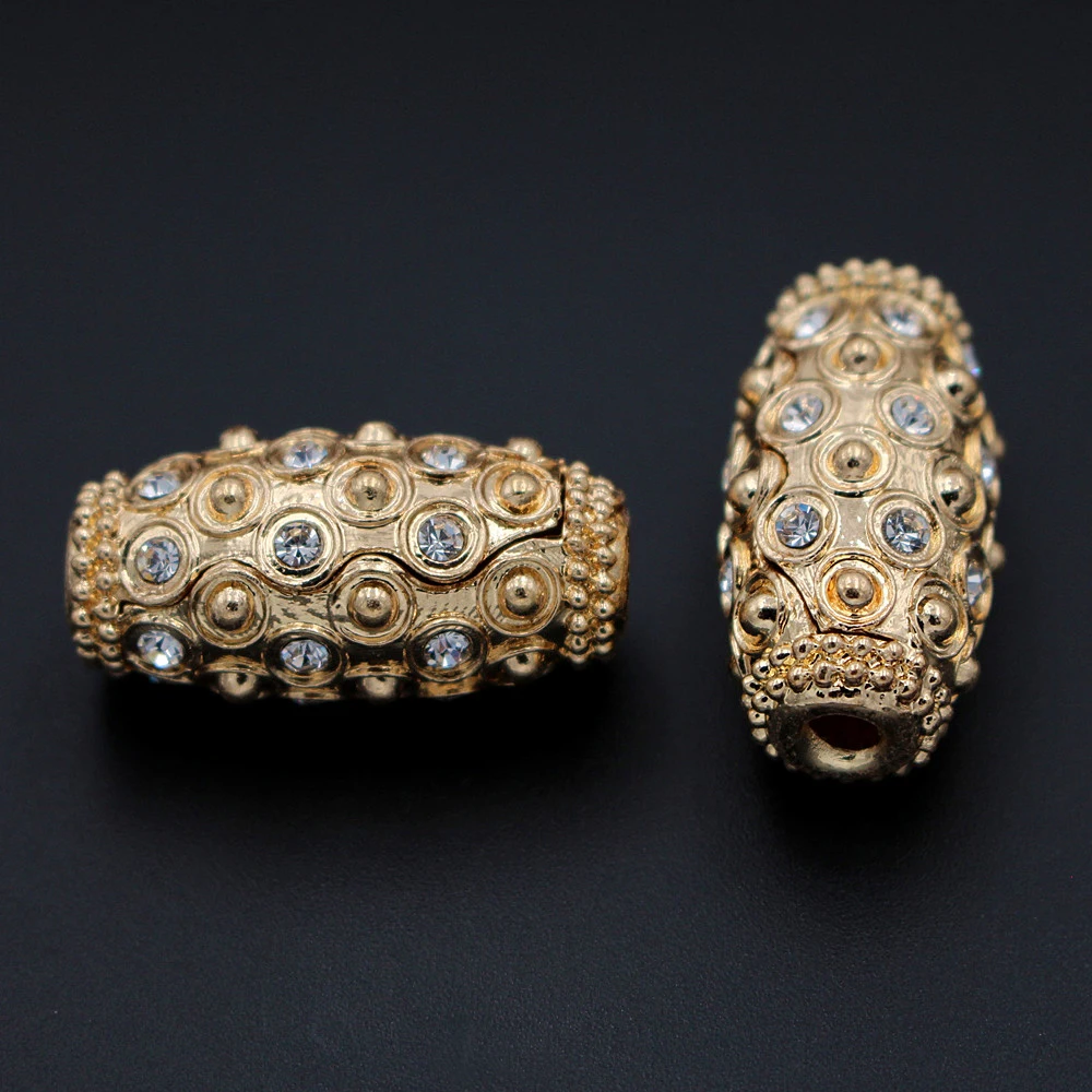 10pcs Dubai Gold Spacer Beads Drum Tube Connectors Rhinestone Paved Findings DIY for African Indian Women Men Wedding Necklace