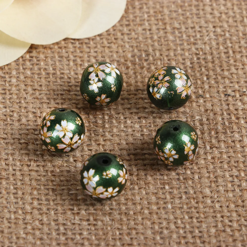 DoreenBeads Glass Painting Vintage Japanese Tensha Beads Round Sakura Flower Pattern Imitation Pearl About 12mm( 4/8") Dia 5 pcs