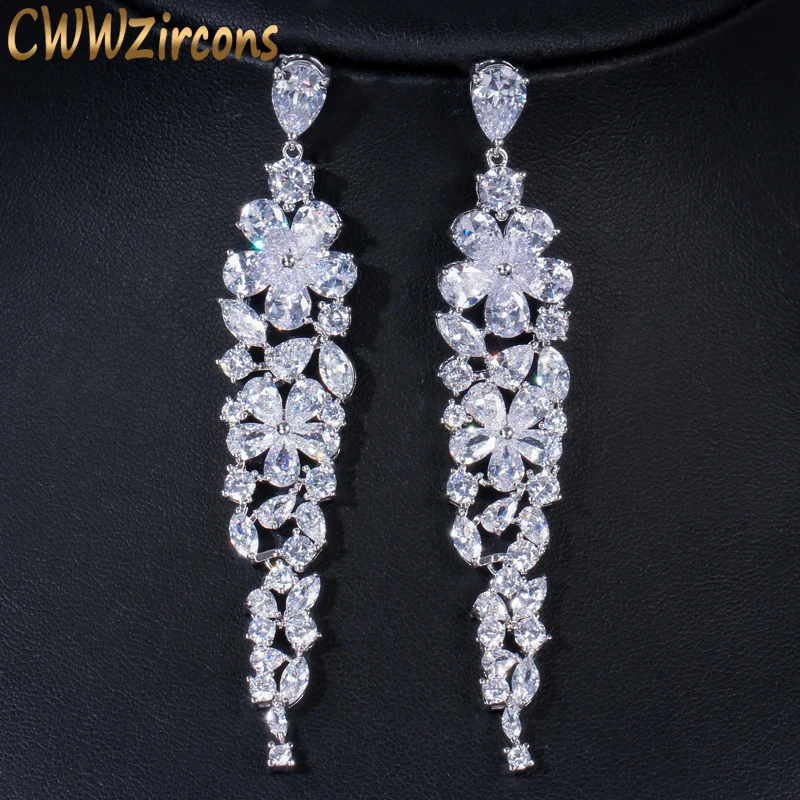 CWWZircons Sparkling Cubic Zirconia Stones Setting Silver Color Long Bridal Wedding Party Earrings Jewelry Accessories CZ435