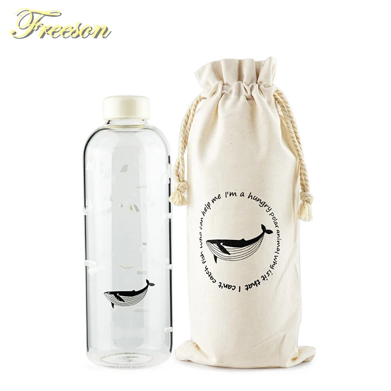 1000ml Seal Whale Glass Water Bottle with Sleeve Creative Sport Bottles Camping Bottle Tour Drinkware Drop Shipping