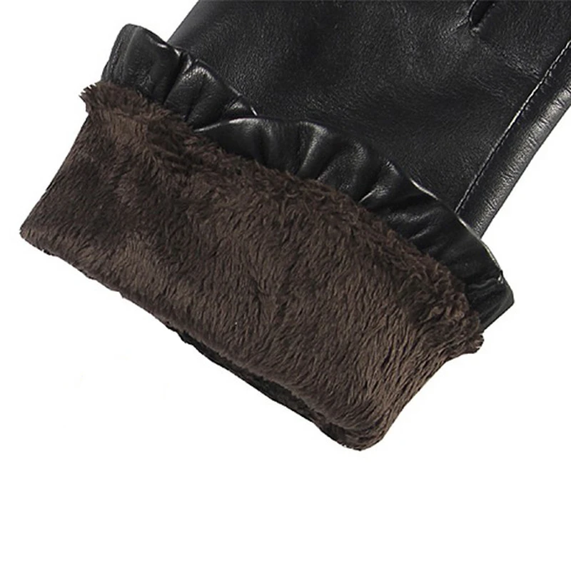 Fashion Women Sheepskin Gloves Autumn Winter Plus Warm Velvet Wrist Lace Genuine Leather Elegant Lady Driving Glove EL007NC