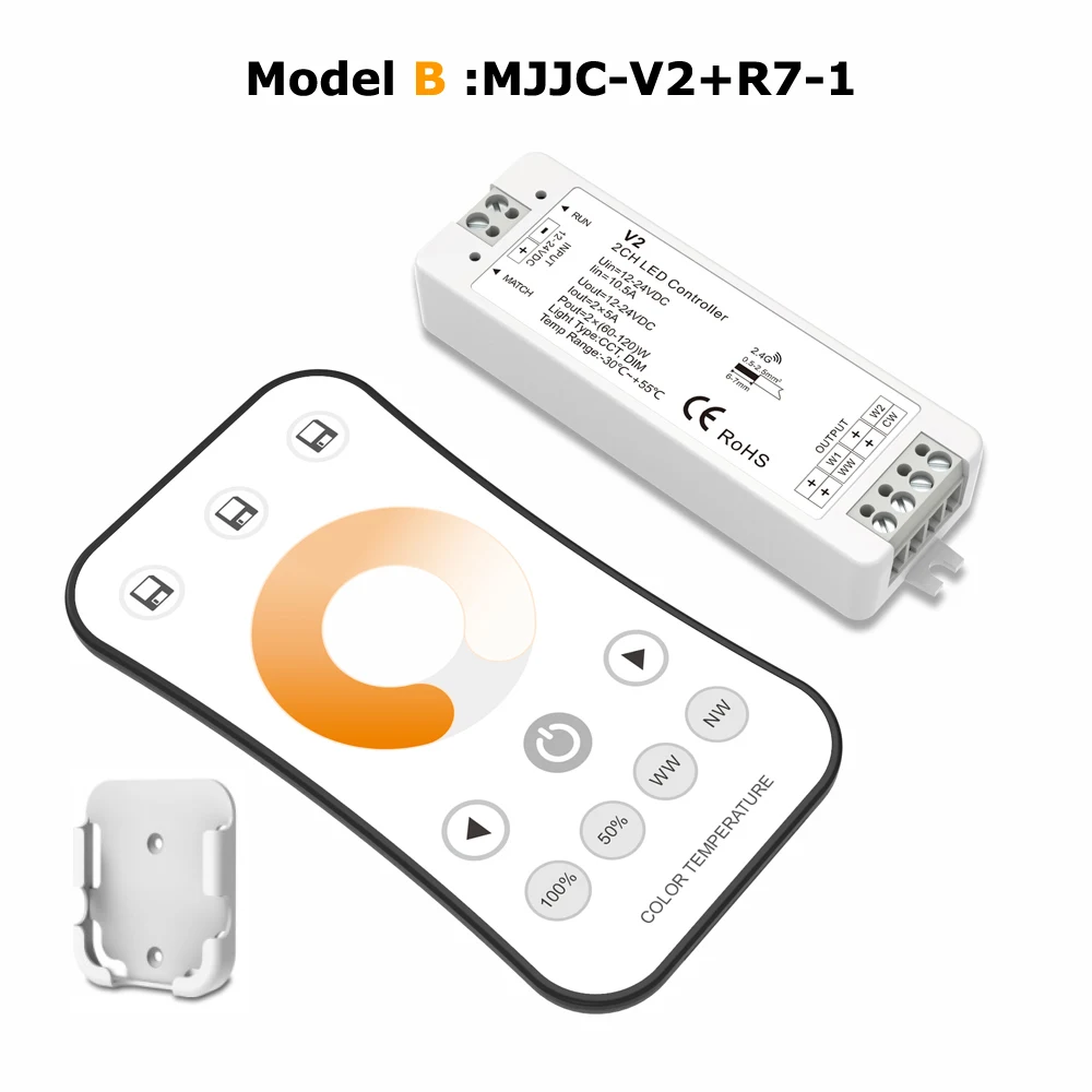 WW CW LED Controller 12V 24V 10A 2CH 2.4G Single Color CCT Light Strip LED Dimmer Controller RF Wireless Remote with Holder V2