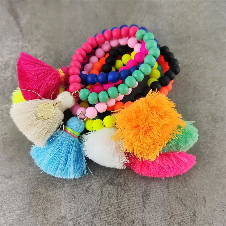 New Fashion Rubber Plated Beads Elastic Bracelets with Colorful Big Tassel For Woman Summer Beach Vocation Jewelry