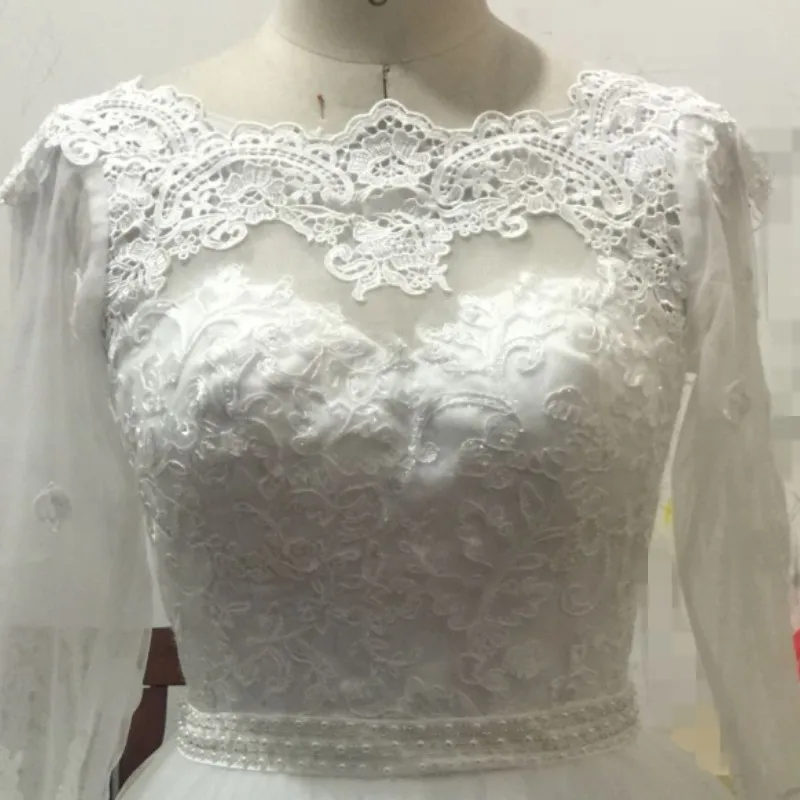 Novo branco marfim manga longa vestido de baile vestidos de casamento tule com apliques renda plus size vestido de noiva de 15 anos